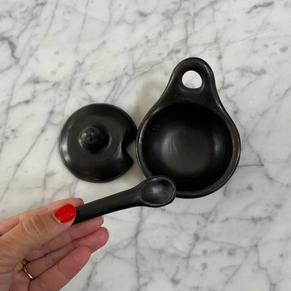 Spice Condiment Holder Black Clay Pot with Spoon
